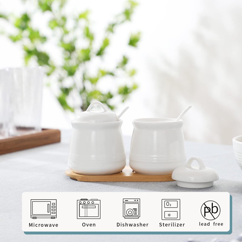 HAOTOP Ceramic Sugar Bowl 2 Pack, PorcelainJar with Tray, Spoon and Lid for Sugar, Pepper, Coffee, Spice, Salt, 12 Ounces (White) - Image 2